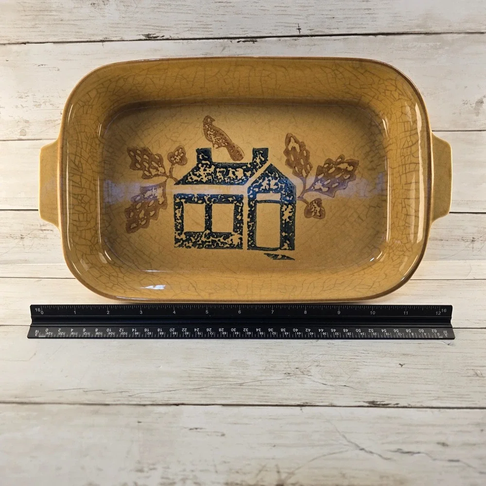 VTG Pfaltzgraff Village 2 Qt Rectangular Baker Stoneware Tan Blue House Bird USA